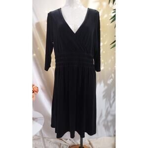Eddie Bauer Smocked Black Velour Crossover Surplice Neck Midi Dress Womens LP